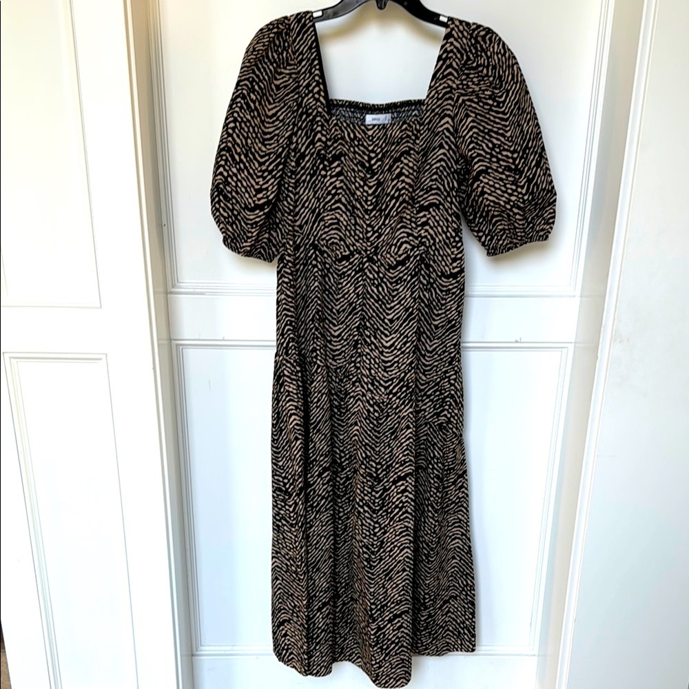 Mango Puff Sleeve Midi Dress in Abstract Animal Print Tan Black Color size Small